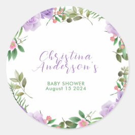 Pegatina Redonda Baby Shower Chica floral Purple Spring