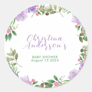 Pegatina Redonda Baby Shower Chica floral Purple Spring