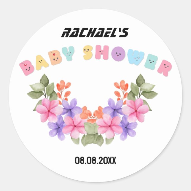 Pegatina Redonda Baby Shower Chica floral rosa suave (Anverso)