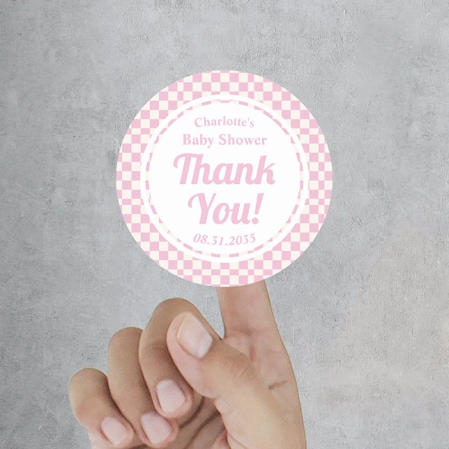 Pegatina Redonda Baby Shower, Chica Pastel Rosa (Retro Pink Pastel Girl Baby Shower Thank You Classic Round Sticker
)
