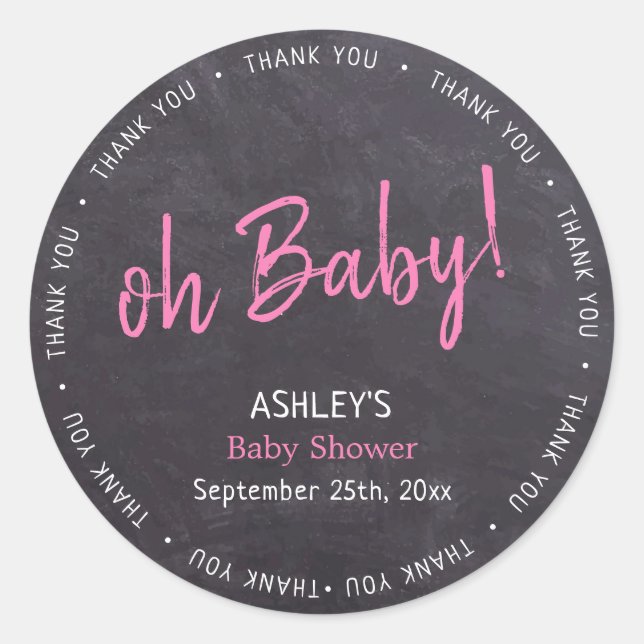 Pegatina Redonda Baby Shower, Chica Rosa de Chalkboard Gracias (Anverso)
