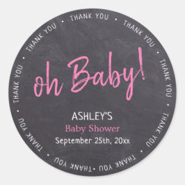 Pegatina Redonda Baby Shower, Chica Rosa de Chalkboard Gracias