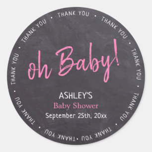 Pegatina Redonda Baby Shower, Chica Rosa de Chalkboard Gracias