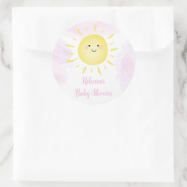 Pegatina Redonda Baby Shower Chica rosa de nubes solares