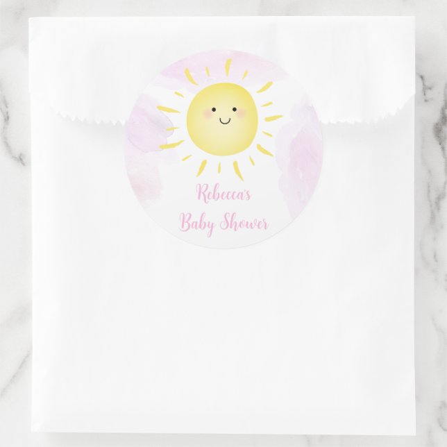 Pegatina Redonda Baby Shower Chica rosa de nubes solares (Bolso)