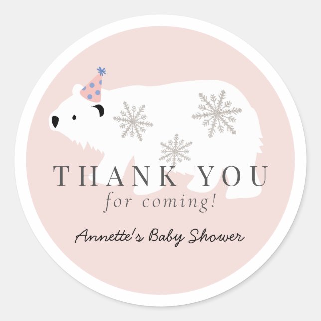 Pegatina Redonda Baby Shower, Chica rosa del oso polar, gracias (Anverso)