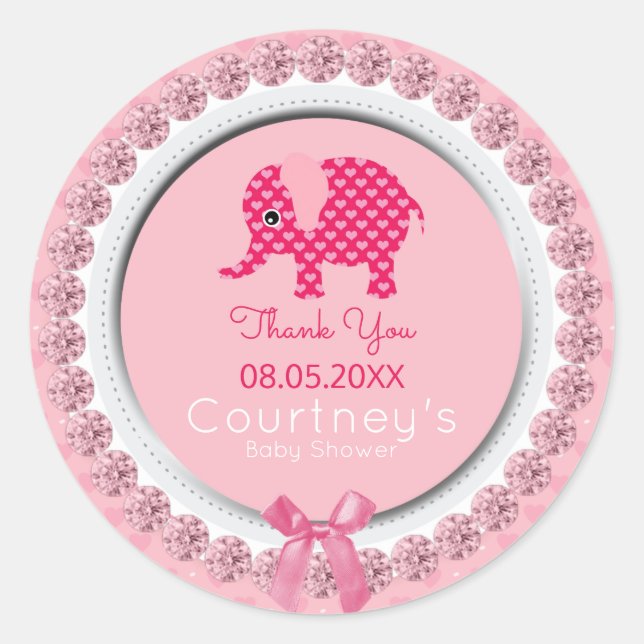 Pegatina Redonda Baby Shower, Chica Rosa Elefante, Gracias (Anverso)