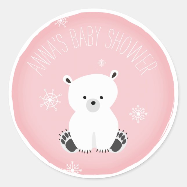 Pegatina Redonda Baby Shower Chica rosado del oso polar con copo de (Anverso)