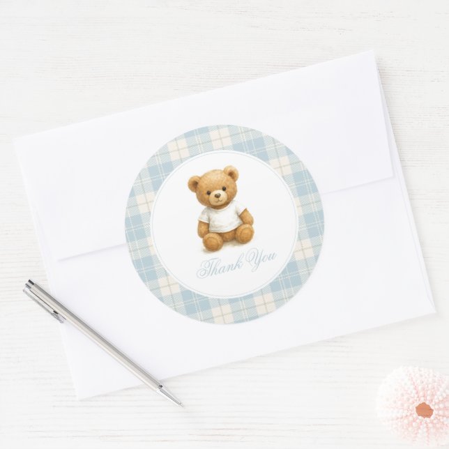 Pegatina Redonda Baby Shower Classic Preppy Bear (Sobre)