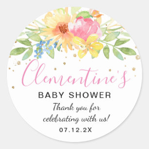 Pegatina Redonda Baby Shower color amarillo rosa