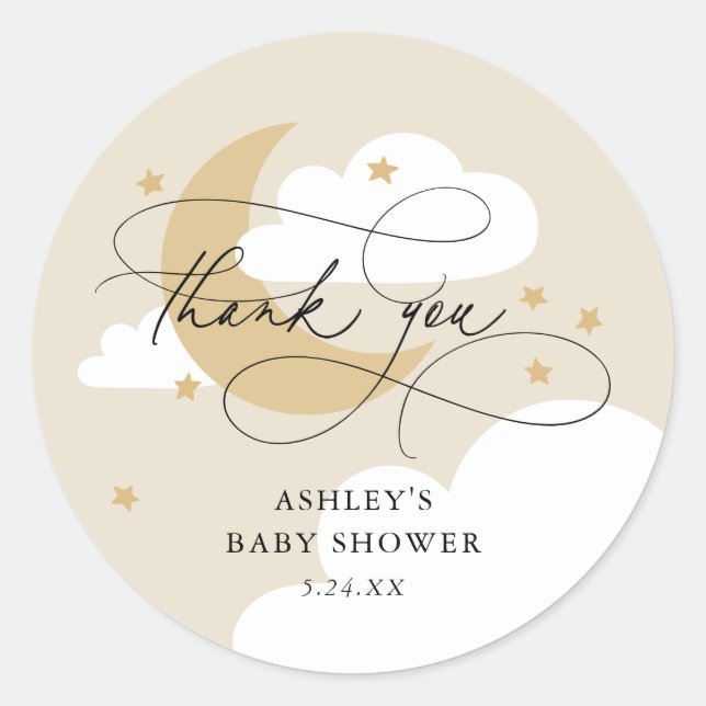Pegatina Redonda Baby Shower con escritura beige Moon and Stars (Anverso)