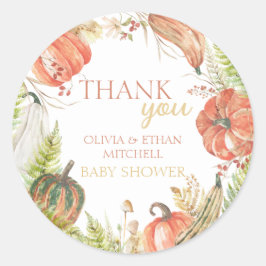 Pegatina Redonda Baby Shower con flores de calabaza quemada