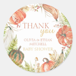 Pegatina Redonda Baby Shower con flores de calabaza quemada