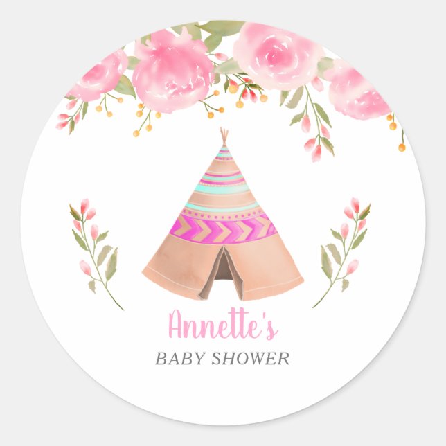 Pegatina Redonda Baby Shower con flores rosadas tribales de teepee (Anverso)