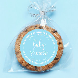 Pegatina Redonda Baby Shower con guiones azules y franjas blancas