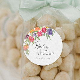 Pegatina Redonda Baby Shower con la temática de los tulipanes de la