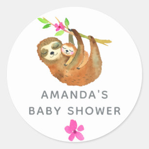 Pegatina Redonda Baby Shower con la temática de Watercolor Sloth