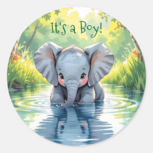 Pegatina Redonda Baby Shower con tema de elefante bebé