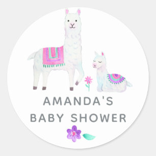 Pegatina Redonda Baby Shower con tema de Llama en acuarela