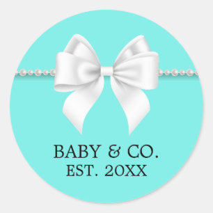 Pegatina Redonda Baby Shower con tema Elegante Tiffany en Aqua y Ve