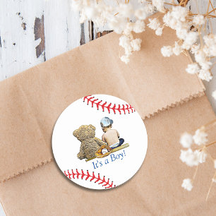 Pegatina Redonda Baby Shower con temas de béisbol
