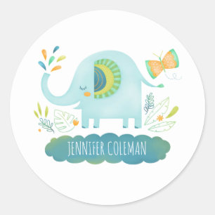 Pegatina Redonda Baby Shower Cute Blue Elephant