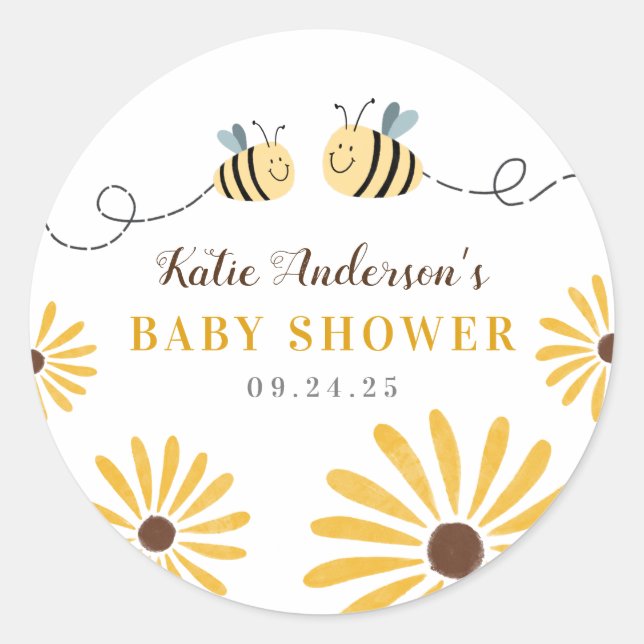 Pegatina Redonda Baby Shower Cute Bumblebee y Sunflowers (Anverso)