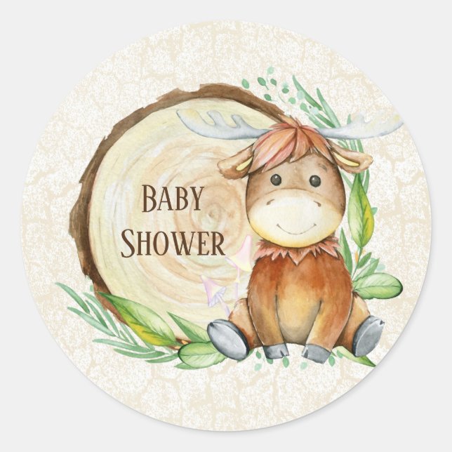 Pegatina Redonda Baby Shower Cute Moose Greeneration Wood Slice (Anverso)