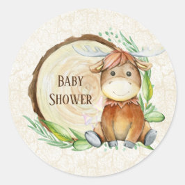 Pegatina Redonda Baby Shower Cute Moose Greeneration Wood Slice
