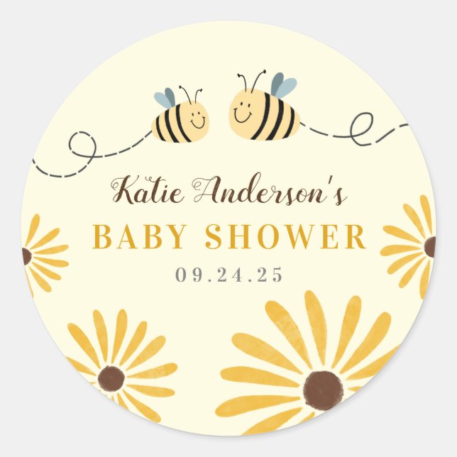 Pegatina Redonda Baby Shower Cute Yellow Bumblebee y Sunflowers (Anverso)