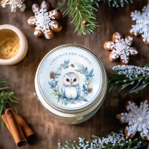 Pegatina Redonda Baby Shower de acuarela de búho de invierno