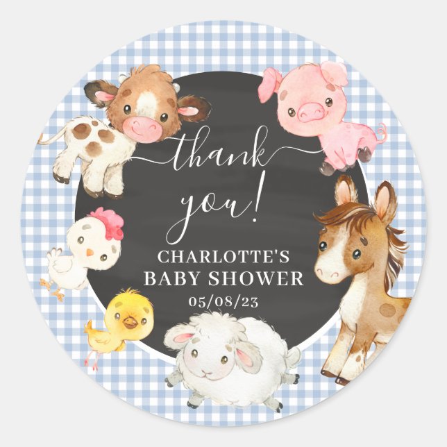Pegatina Redonda Baby Shower de animales de granja (Anverso)