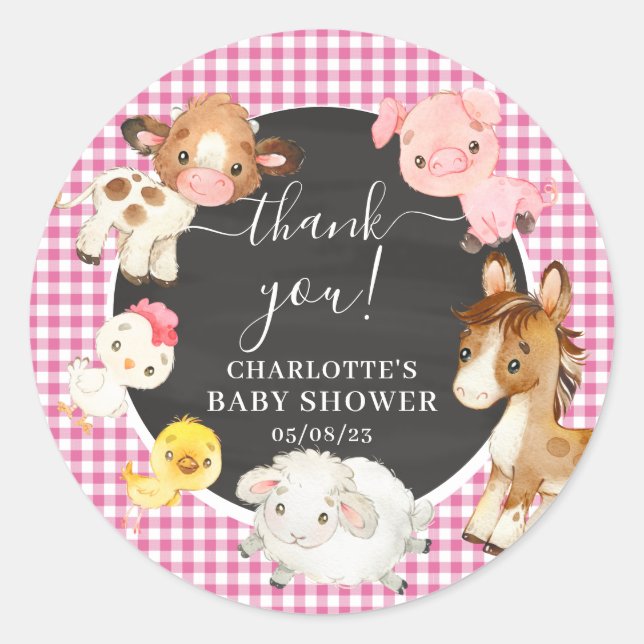 Pegatina Redonda Baby Shower de animales de granja (Anverso)