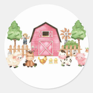 Pegatina Redonda Baby Shower de animales de granja rosa