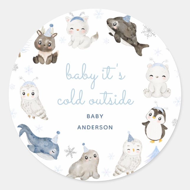 Pegatina Redonda Baby Shower de animales de nieve en invierno (Anverso)