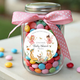 Pegatina Redonda Baby Shower de animales de Woodland con encanto