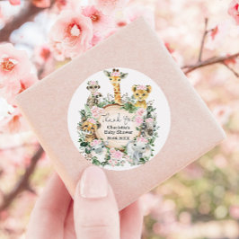 Pegatina Redonda Baby Shower de animales salvajes de la jungla de S