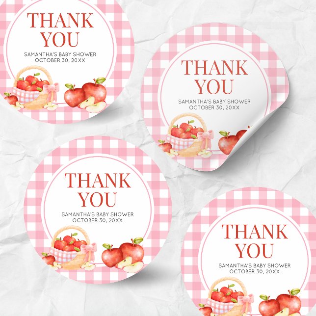 Pegatina Redonda Baby Shower de Apple of Our Eye (The Apple of Our Eye Gingham Baby Shower Round Sticker)