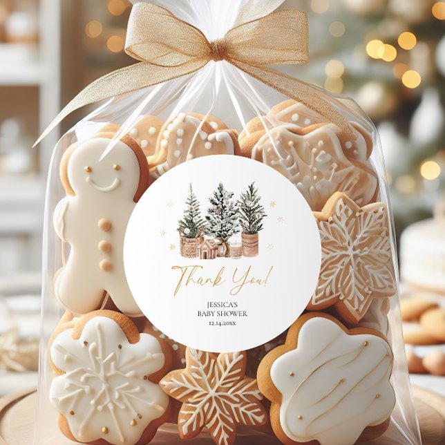 Pegatina Redonda Baby Shower de Árboles de Navidad Rústicos de Invi (Subido por el creador)
