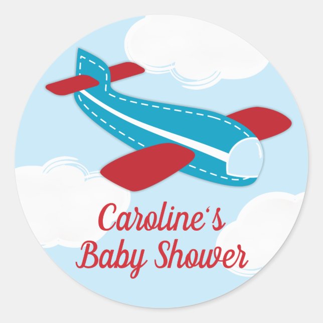 Pegatina Redonda Baby Shower de avión retro (Anverso)
