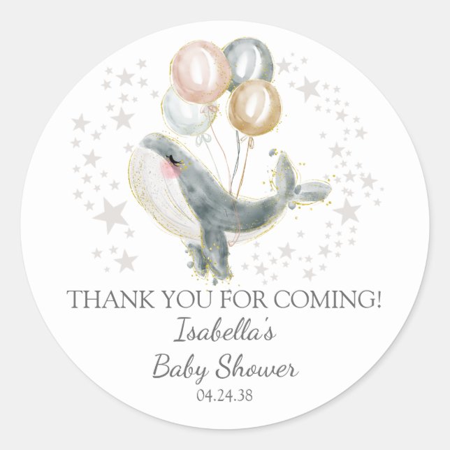 Pegatina Redonda Baby Shower de ballena azul gris (Anverso)