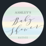 Pegatina Redonda Baby Shower de bandas de arco iris<br><div class="desc">Decoración acuarela de rayas pastel para una ducha neutra de género.</div>