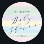 Pegatina Redonda Baby Shower de bandas de arco iris<br><div class="desc">Decoración acuarela de rayas pastel para una ducha neutra de género.</div>