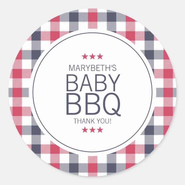 Pegatina Redonda Baby Shower de barbacoa Preppy Red, Blanco y Azul (Anverso)