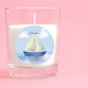 Pegatina Redonda Baby Shower de barco velero azul personalizado