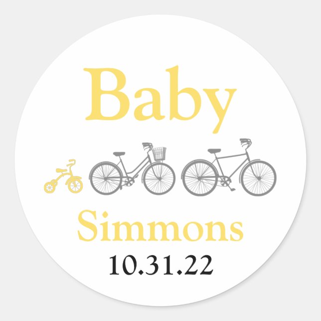 Pegatina Redonda Baby Shower de bicicleta amarilla (Anverso)