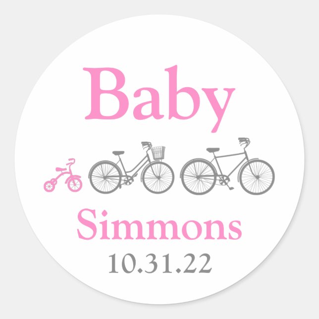 Pegatina Redonda Baby Shower de bicicleta rosa (Anverso)