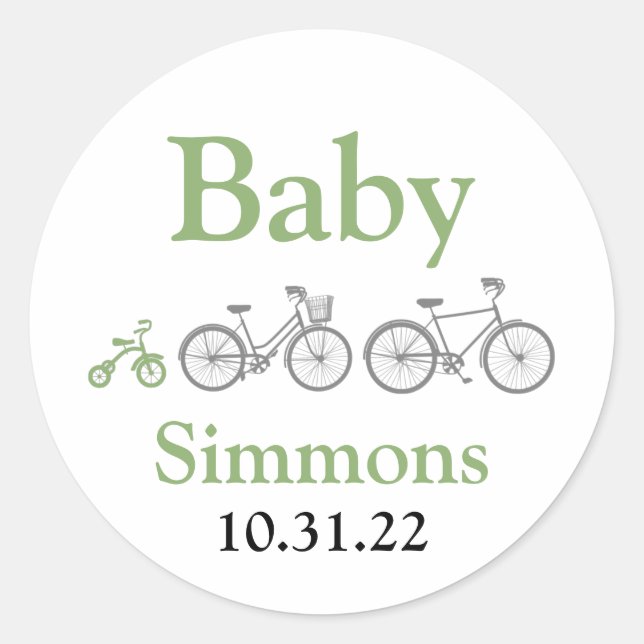 Pegatina Redonda Baby Shower de bicicleta verde (Anverso)