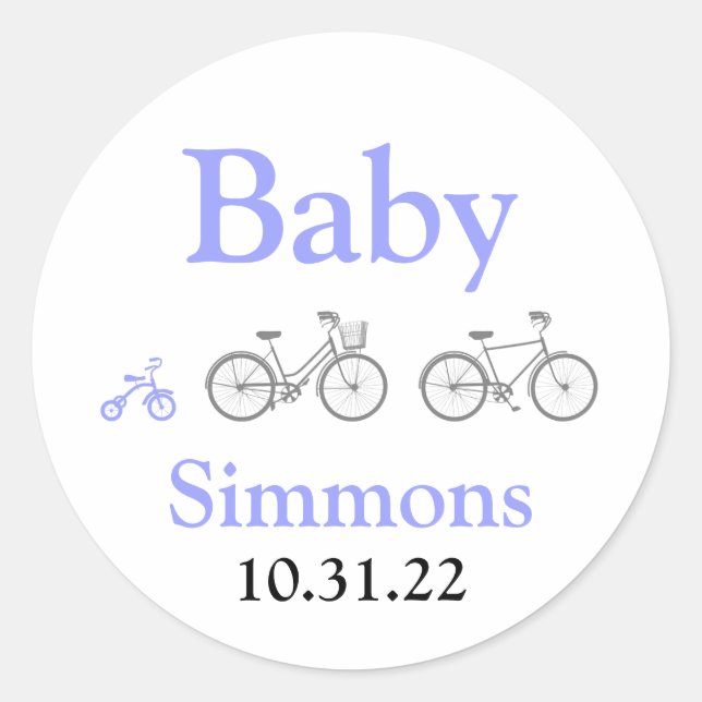 Pegatina Redonda Baby Shower de bicicletas Periwinkle (Anverso)