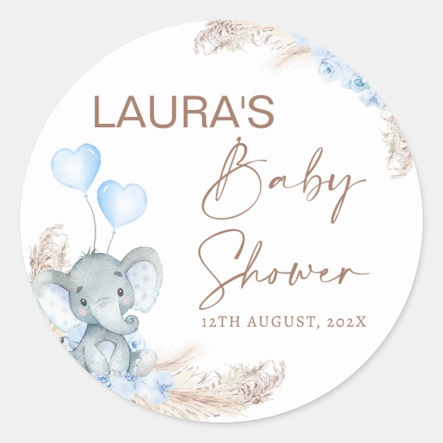 Pegatina Redonda Baby Shower de Blue Boho Floral Elephant (Anverso)